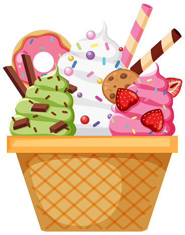 Ice cream wafer bowl with toppings illustration
