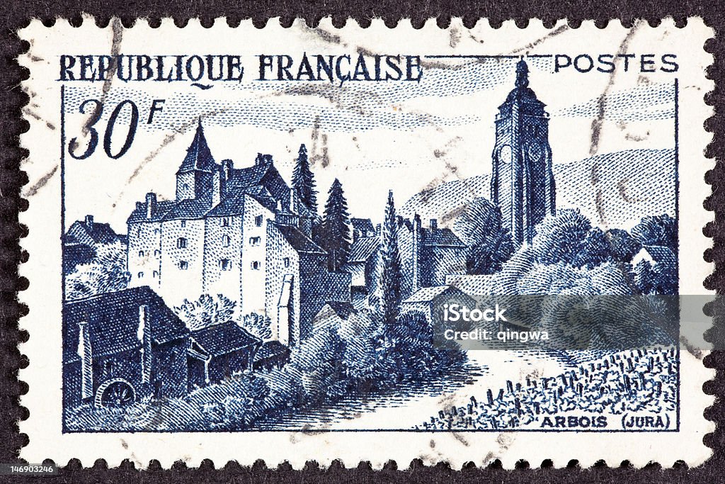 Cancelado francés sello postal castillo Bontemps, Arbois, isla de Jura Vinyard corriente - Foto de stock de Agricultura libre de derechos