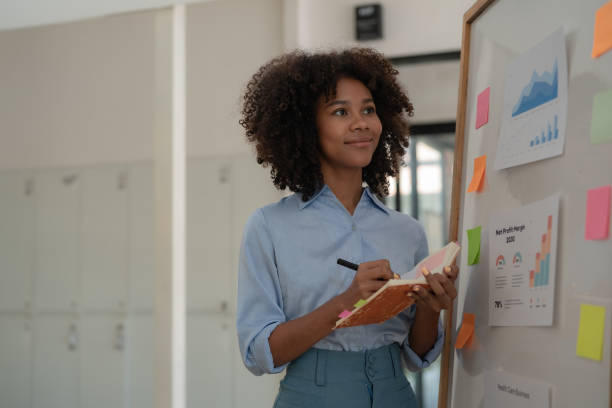 istock Young creative ethnic businesswoman working on a sticky note on board, planning and analyzing business finance and marketing at the office. 1469037328