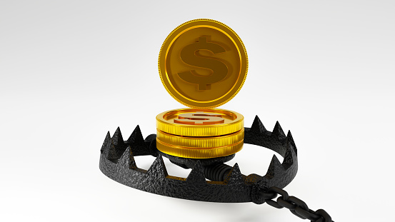 3D rendering of Gold dollar coins in a ready bear trap, 
high risk in money business symbol concept