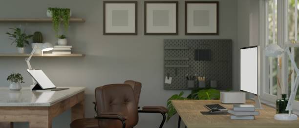 istock Side view of modern contemporary office studio interior design with computer mockup on a desk 1469043676