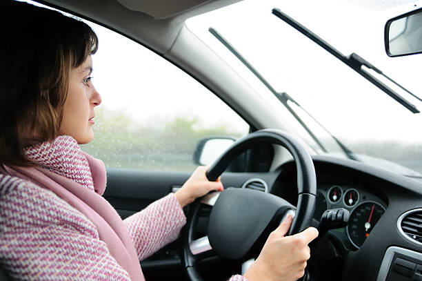 istock Young woman driving car in rain 146904525