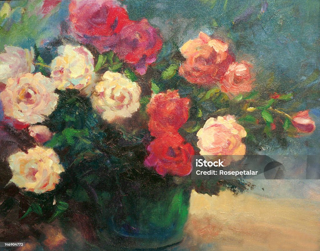バラの花、エメラルドの花瓶、油絵 - 芸術絵画のロイヤリティフリーストックイラストレーション