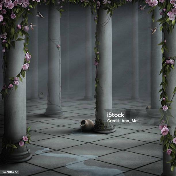 Beautiful Enchanted Garden With Pillars And Roses Stock Illustration - Download Image Now - Architectural Column, Art, Art And Craft