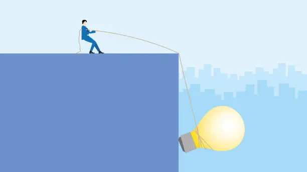 Vector illustration of Ambitious businessman pulls a rope big light bulb from falling down. Office people work on a new project. Business idea, innovation, creation, inspiration, work hard, start-up, and creativity concept.