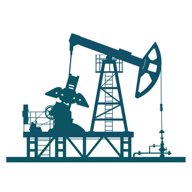 Vector illustration of Oil derrick (pump jack). Petroleum-producing. Vector black on white silhouette illustration