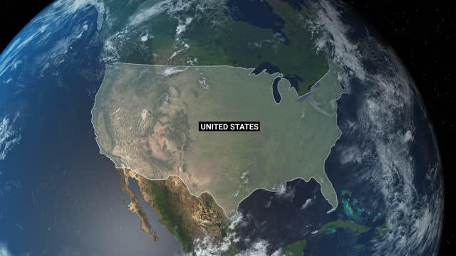 United States map, zooming in from the space through a 4K photo real animated globe, with a panoramic view consisting of Asia, Africa and Eurasia. Epic spinning world animation, Realistic planet earth, highlight, satellite, aerial stock video