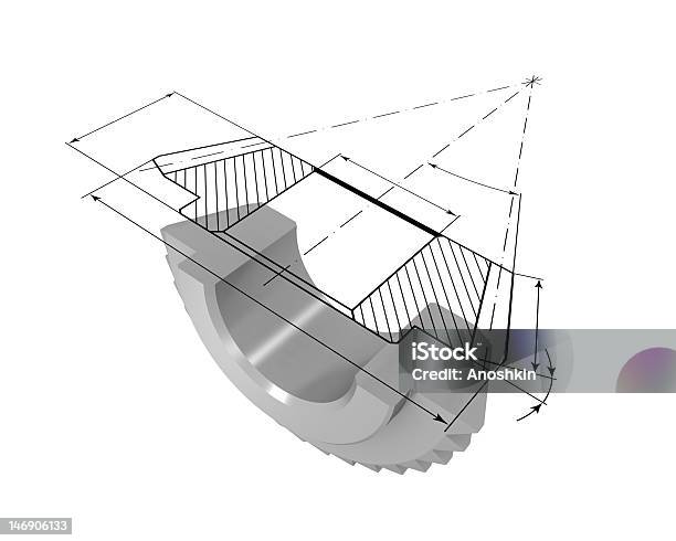 Engranajes En La Sección Y Dibujo Foto de stock y más banco de imágenes de Gráfico por ordenador - Gráfico por ordenador, Metalistería, Pieza de máquina