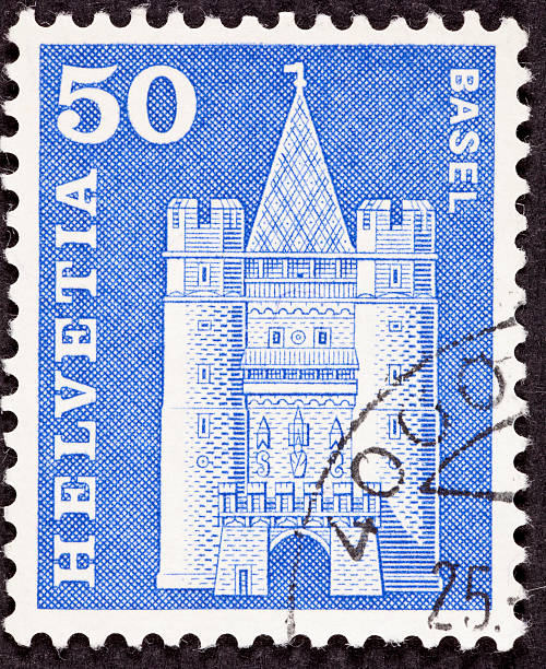 istock Canceled Swiss Postage Stamp Drawing of Spalen Gate, Basel 146906474