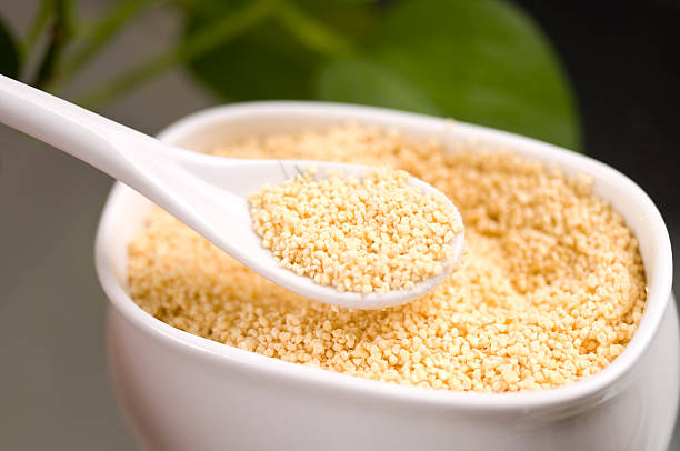 A ceramic bowl and spoon filled with Lecithin granules stock photo