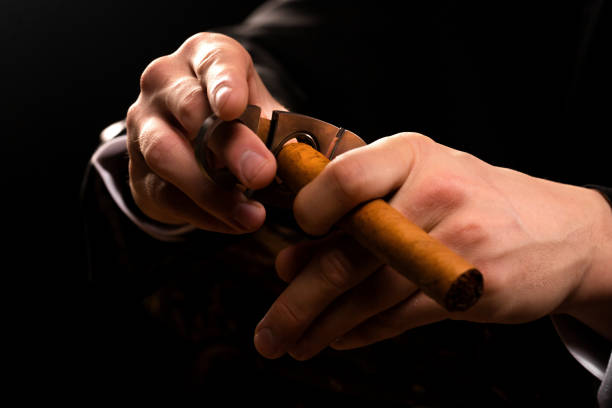 nahaufnahme einer männlichen hände, die eine guillotine und eine zigarre halten. - smoking smoking issues cigarette addiction stock-fotos und bilder