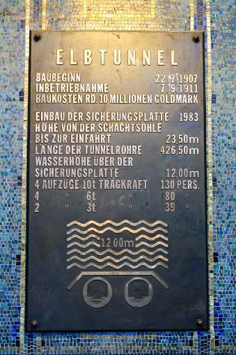 Hamburg, Germany - Jul 2010: Signage of old Elbe tunnel at St. Pauli's piers. Selective focus. No people.