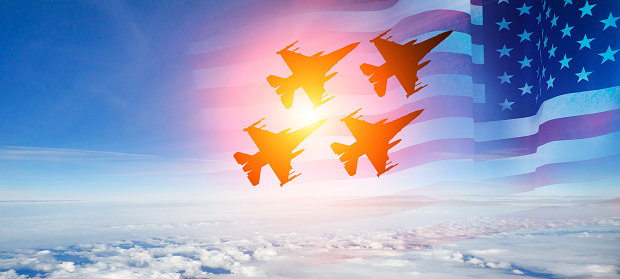 Group of aircraft fighter jet airplane. USA flag. Air force day. 3d illustration