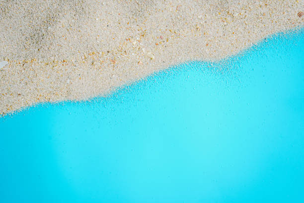 istock Sea beach sand texture on blue background with copy space. Summer background concept for products display. 1469069320