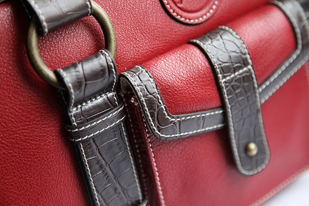 Red leather bag details stock photo