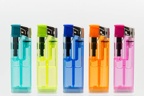 istock Set of transparent lighters in a row isolated on white background. 1469073556
