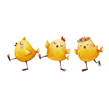 Watercolor happy three Easter chicken on white background