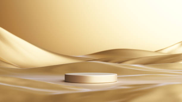 Golden mountains, deserts, sand dunes or wave gold fabric flow luxury elegant stand display platform product cosmetics beauty product or skincare female advertisement premium hi-end. 3D Illustration.