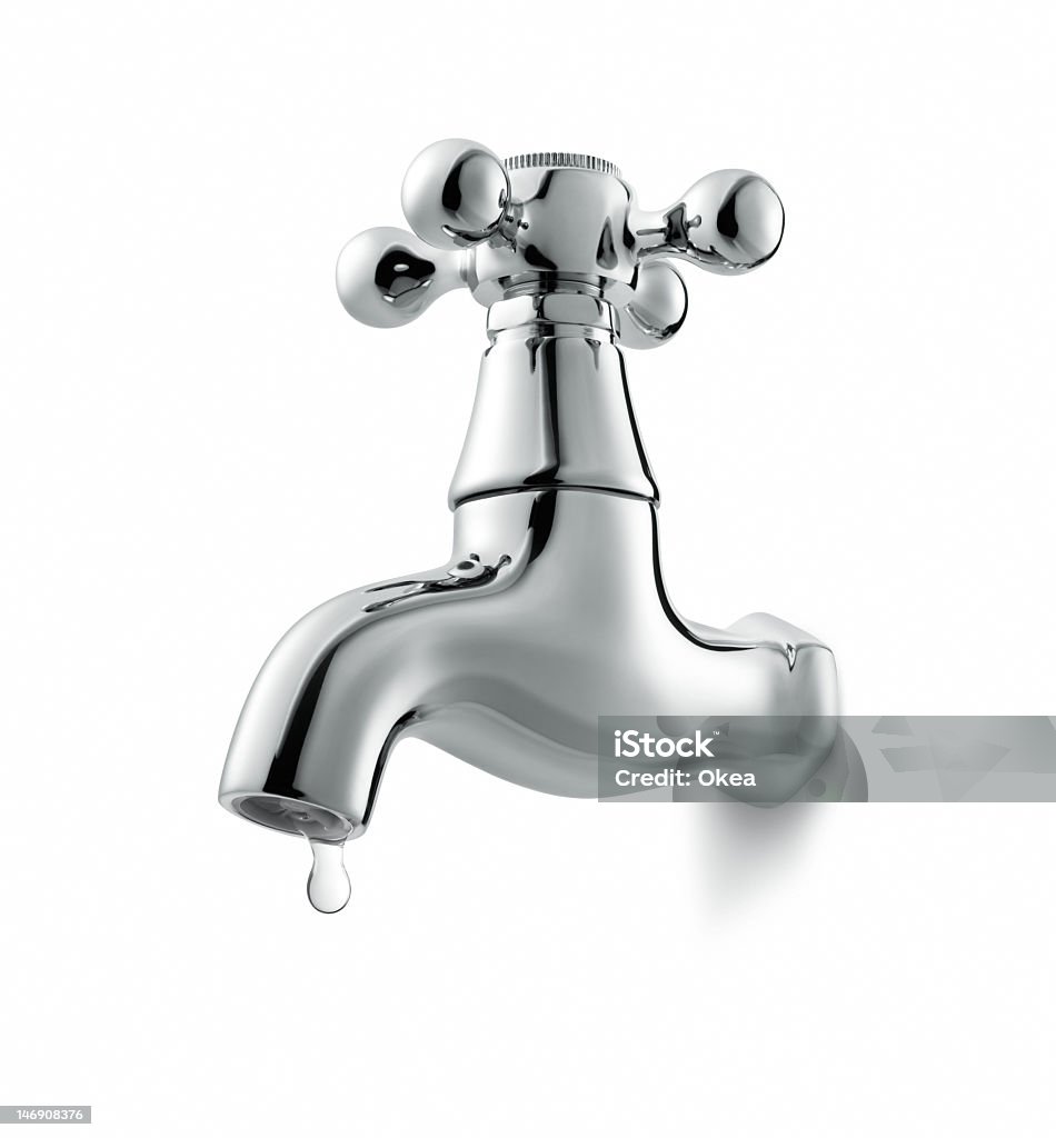 Isolated illustration of a metal faucet dripping water leaking water tap isolated on white background Faucet Stock Photo