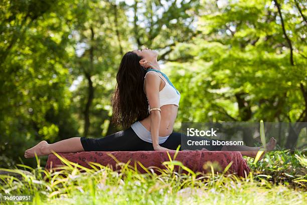 Japonés Mujer Mira Mientras Que Haciendo Yoga Pose Foto de stock y más banco de imágenes de 20 a 29 años - 20 a 29 años, 2000-2009, Abrise de piernas