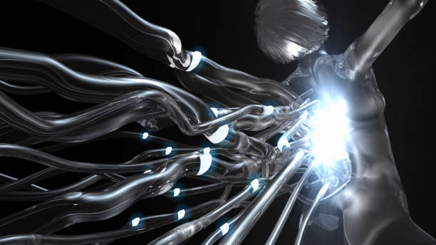 istock Cyborg Girl Exchanges Data with Cables Connected to Her Body 1469090697