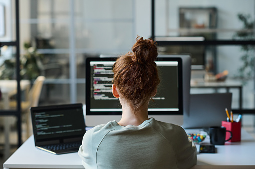 Rear view of young programmer sitting at her workplace in front of computer monitor and typing codes for program