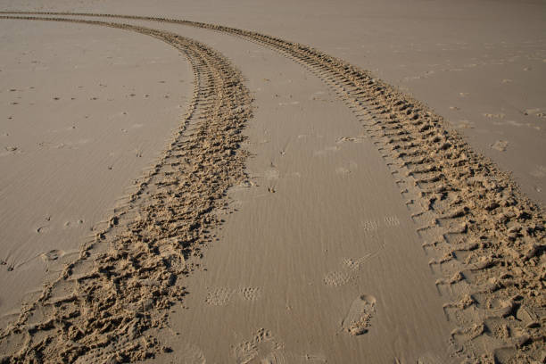 fundo da marca do pneu de areia. linhas de forma de pista de pneu na forma de roda de veículo de lama de areia marrom seca - mud road tire track footpath - fotografias e filmes do acervo