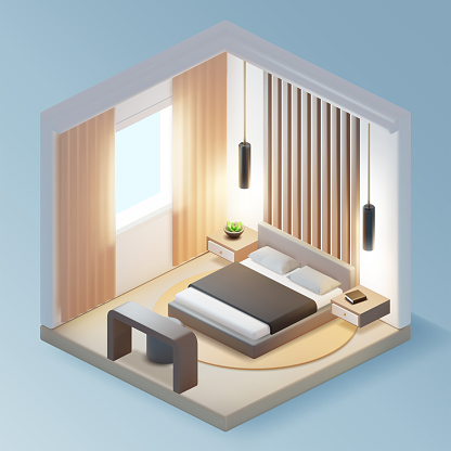 3d Bedroom Interior Inside with Furniture Concept Plasticine Cartoon Style for Home or Hotel. Vector illustration