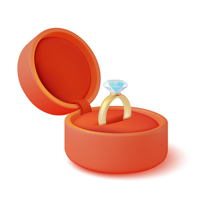 3d Engagement Ring with Diamond in Red Box Plasticine Cartoon Style. Vector illustration of Wedding or Proposal Concept