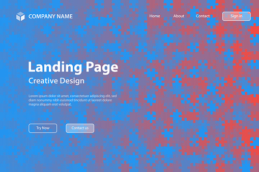 Landing page template for your website. Modern and trendy background. Abstract design composed of jigsaw puzzle pieces with beautiful color gradient. This illustration can be used for your design, with space for your text (colors used: Orange, Red, Pink, Purple, Blue). Vector Illustration (EPS file, well layered and grouped), wide format (3:2). Easy to edit, manipulate, resize or colorize. Vector and Jpeg file of different sizes.