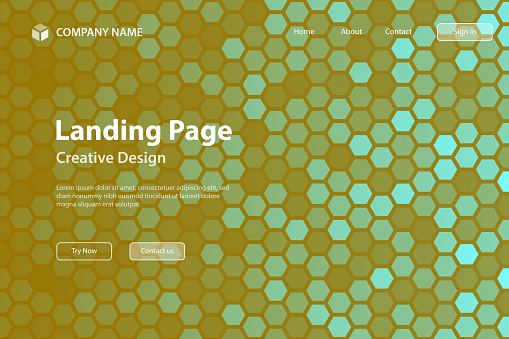 Landing page template for your website. Modern and trendy background. Abstract geometric design with a mosaic of hexagons and beautiful color gradient. This illustration can be used for your design, with space for your text (colors used: Blue, Turquoise, Green, Yellow, Orange, Brown). Vector Illustration (EPS file, well layered and grouped), wide format (3:2). Easy to edit, manipulate, resize or colorize. Vector and Jpeg file of different sizes.
