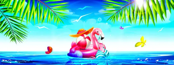 Vector illustration of Beach holiday concept in cartoon style. An inflatable pink flamingo with a swimsuit, a ball and a hat against the backdrop of a summer sunny tropical landscape with butterflies.