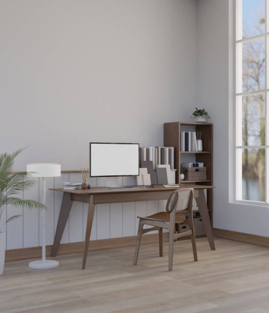 istock Side view of minimal Scandinavian home workspace interior design with computer mockup 1469100778