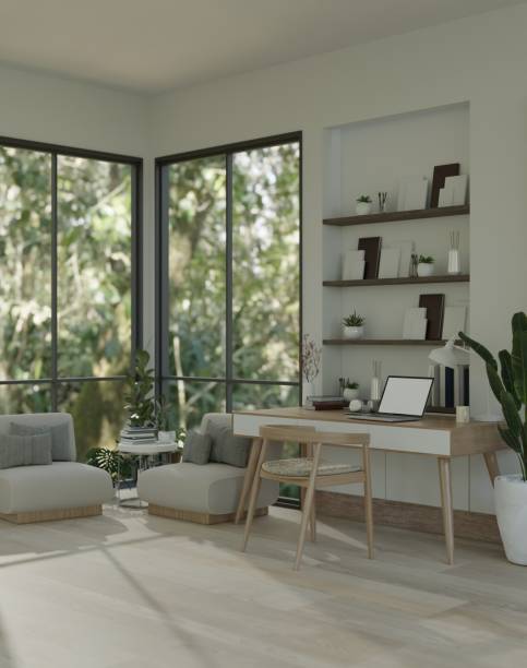 istock Contemporary home living room with workspace interior design with large window. 1469100780