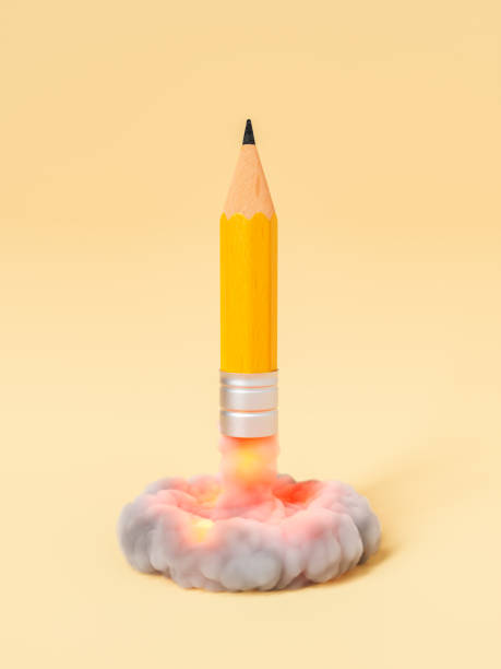 Launching pencil above cloud with fire 3d rendering of simple yellow pencil as rocket launching in cosmos with smoke and fire on yellow background Missile stock pictures, royalty-free photos & images