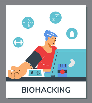 Biohacker woman maintaining health keeping program, flat cartoon vector illustration isolated on white background. Biohacking health plan and discipline in healthy habits.