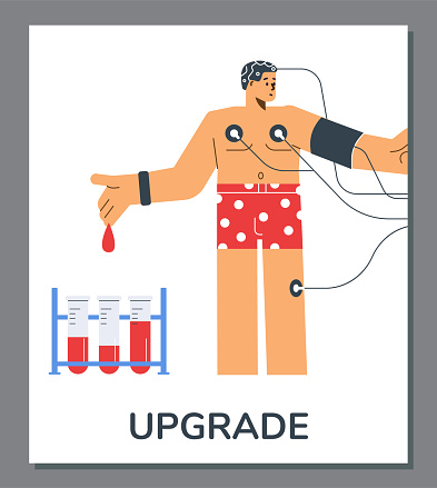 Body and health upgrade with advanced biohacking technology banner or poster, flat cartoon vector illustration. Body hacking or biohacking health program.