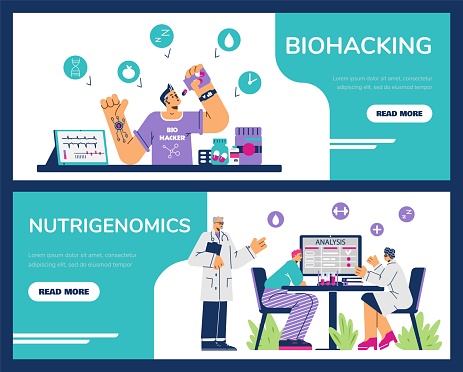 Biohacking and nutrigenomics healthcare banners or flyers set, flat cartoon vector illustration. Biohacking life extension and human body science technology.
