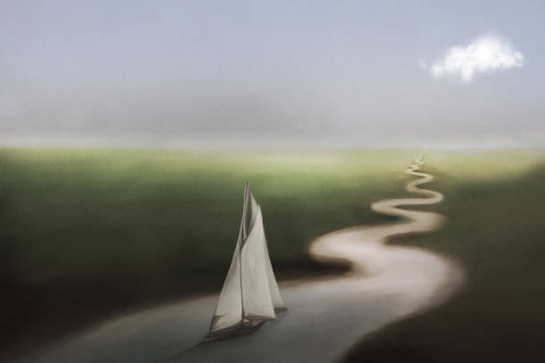 surreal sailboat navigates a path of curves in the middle of nature to reach the sea vector art illustration
