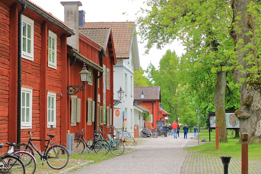 June 01 2022 - Orebro in Sweden: Beautiful old timber houses in Wadkoping historical quarter