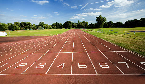 Panoramic view of empty running track stock photo
