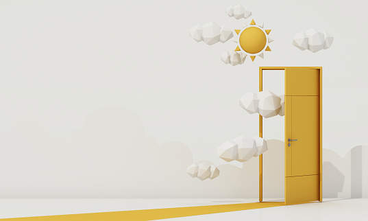 3d render, white clouds going through, flying out the open door, objects isolated on bright yellow background. Abstract metaphor, modern minimal concept. Surreal dream scene.