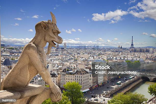 Notre Dame Chimera Overlooking Paris Skyline A Summer Day Stock Photo - Download Image Now