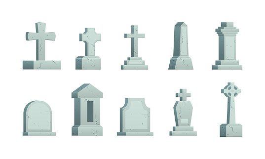 Cartoon Color Different Tombstones and Cemetery Crosses Set Graveyard or Memorial Concept Flat Design Style. Vector illustration