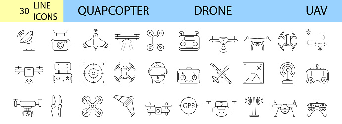 Drone, Quadrocopter line icons set. Fast delivery, remote control, propeller, city map navigation, action camera, radar screen, radio antenna