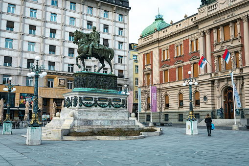 Belgrade, Serbia - January 30, 2023: The Republic Square (Trg Republike in Serbian) with old Baroque style buildings, the statue of Prince Michael and the National Museum.