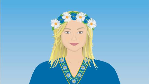 Beautiful blond woman with traditional Swedish symbols on her clothes, together with flower wreath with daisies. Vector illustration. Beautiful blond woman with traditional Swedish symbols on her clothes, together with flower wreath with daisies. Common in celebration of midsommar (also called midsommarafton) in Sweden in june. Vector illustration. Dimension 16:9. swedish summer stock illustrations