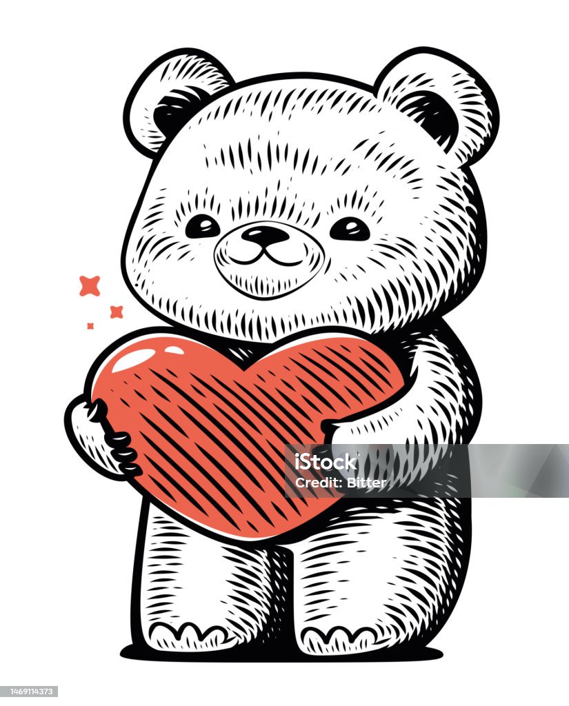 Cute Teddy Bear Stands And Holds A Red Heart In Its Paws As Symbol ...