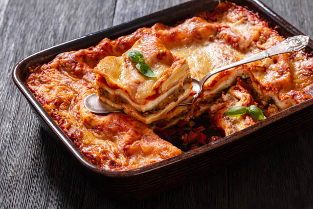 istock portion of Lasagna in baking dish, top view 1469115074