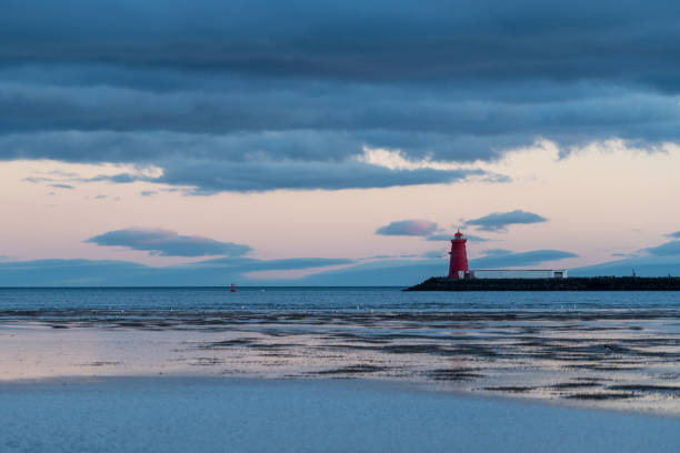 Poolbeg Lighthouse, Dublin, Ireland, cloudy day